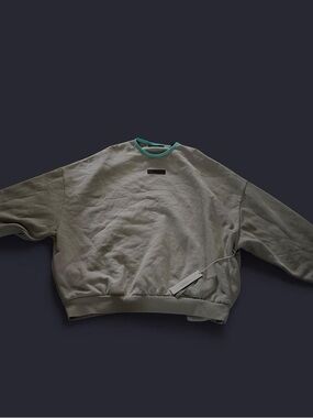 Essentials Light Gray Crewneck Sweater with Teal Neck Trim
